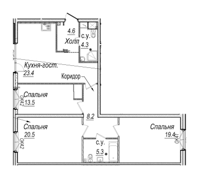 3-комнатная квартира 99.2 м², 3/8 эт., Комплекс апартаментов «Meltzer Hall»
